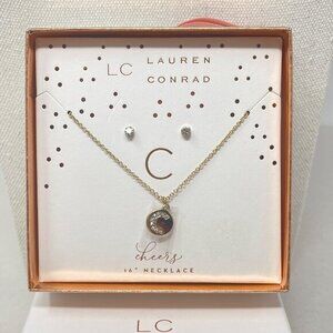 Lauren Conrad Letter C Monogram Necklace & Earring Set‎ Gold-Tone 16" Chain New